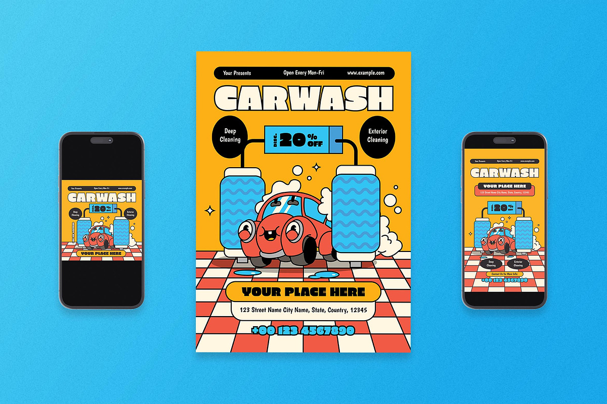 Yellow Retro Car Wash Flyer Set, a Flyer Template by Aiyari Graphic (Photo 1 of 3)
