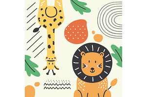 lion and giraffe doodle, an Animal Illustration by studiogstock