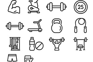 Fitness and gym equipment line icons, an Illustration by ZinetroN