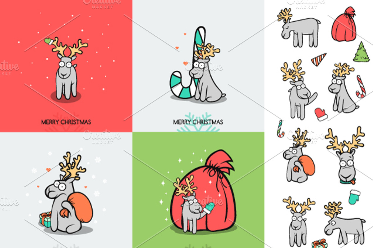 Set deer doodle, funny animals, a Decorative Illustration by Vectorist
