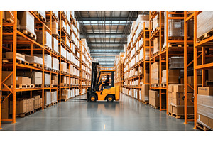 A warehouse with orange shelving, an Industrial Photo by Sergey Kotenev