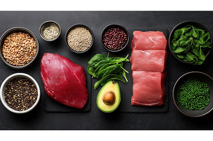 Top view of various healthy food, a Food & Drink Photo by Sergey Kotenev