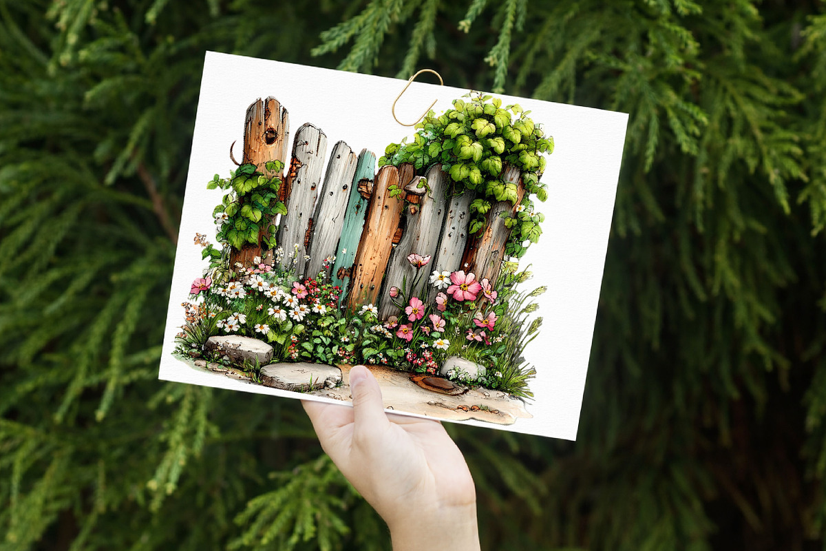 Watercolor Fence Flowers Clipart, an Illustration by Libby Wishes (Photo 3 of 7)