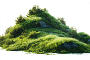 Lush grassy hill with rocks and shru, a Photo by Pixeness Studio