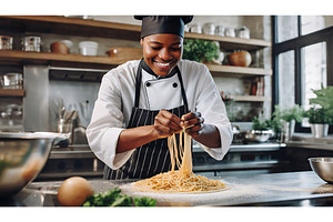 A smiling chef skillfully making, a Food & Drink Photo by Igor Tichonow