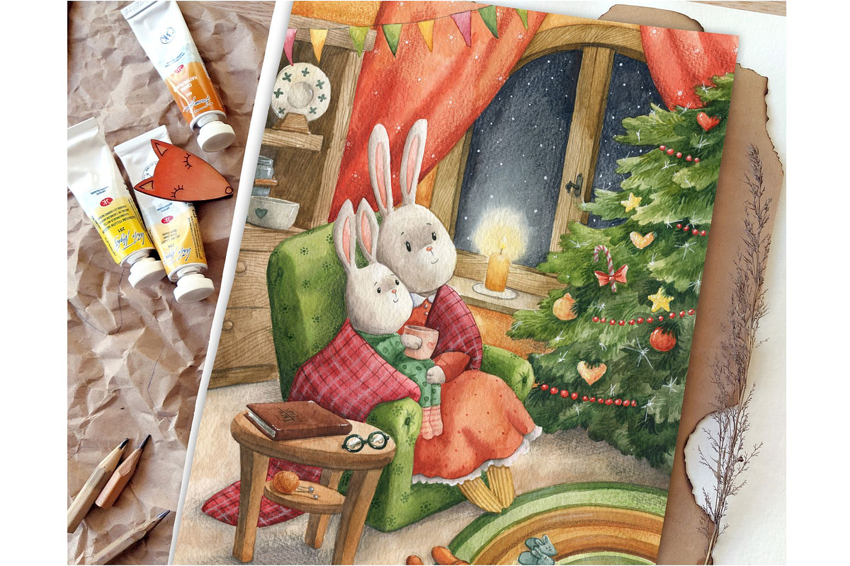 Christmas with mommy watercolor, a Seasonal Illustration by Lososenok (Photo 2 of 4)