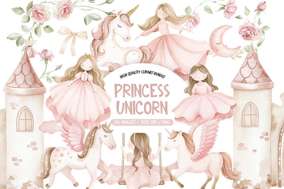 Princess Unicorn Clipart Set, an Illustration by TatiMockup (Photo 1 of 5)