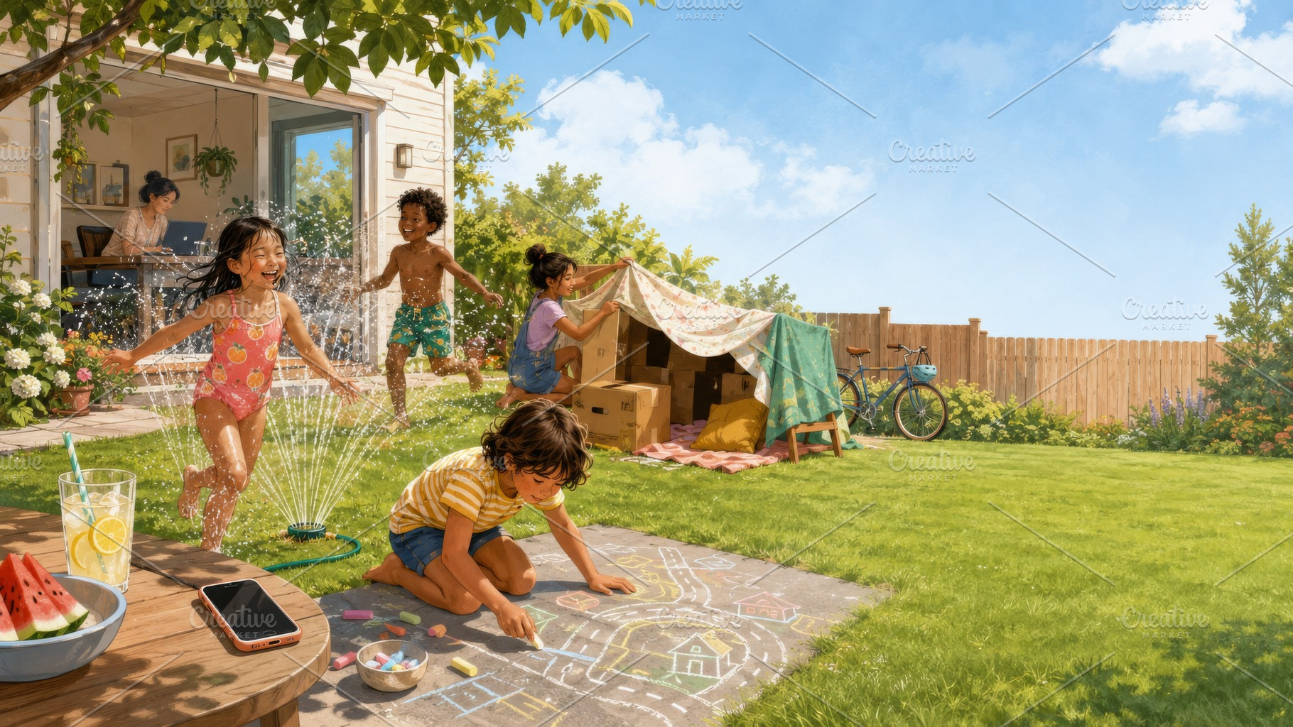 Children enjoying summer outdoors, d, a Photo by Dvoevnore photos