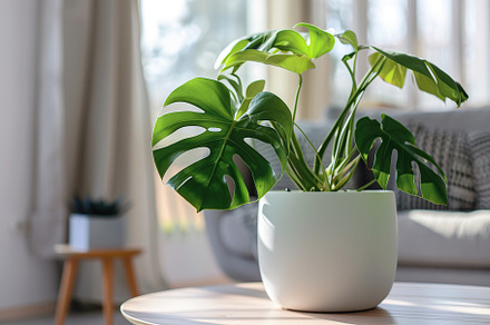 Monstera plant in pot standing on table in modern living room, a Nature Photo by AlyaAnd