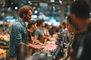 Man paying at supermarket checkout f, a Photo by Pixeness Studio