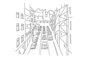 City Street Traffic Jam Linear Perspective Sketch Road View. Cars End Buildings. Hand Drawn Vector Stock Line Illustration.