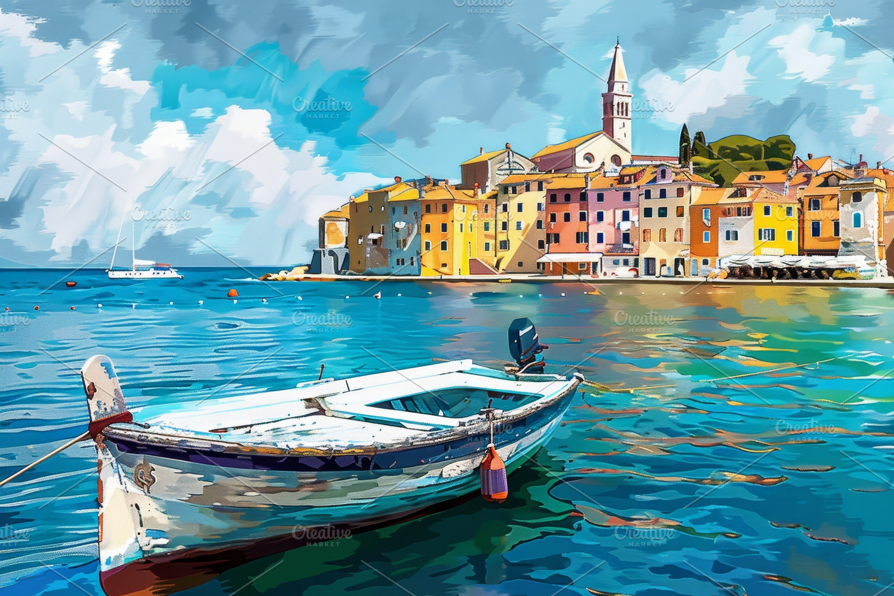 A fishing boat floats calmly in turq, a Photo by Tanuart