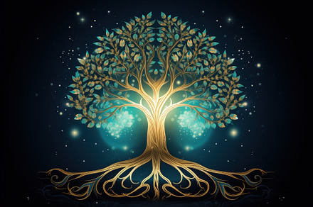 Ornate spirit tree with strong roots, on sparkling dark backgrou, a Nature Photo by Studio Light & Shade