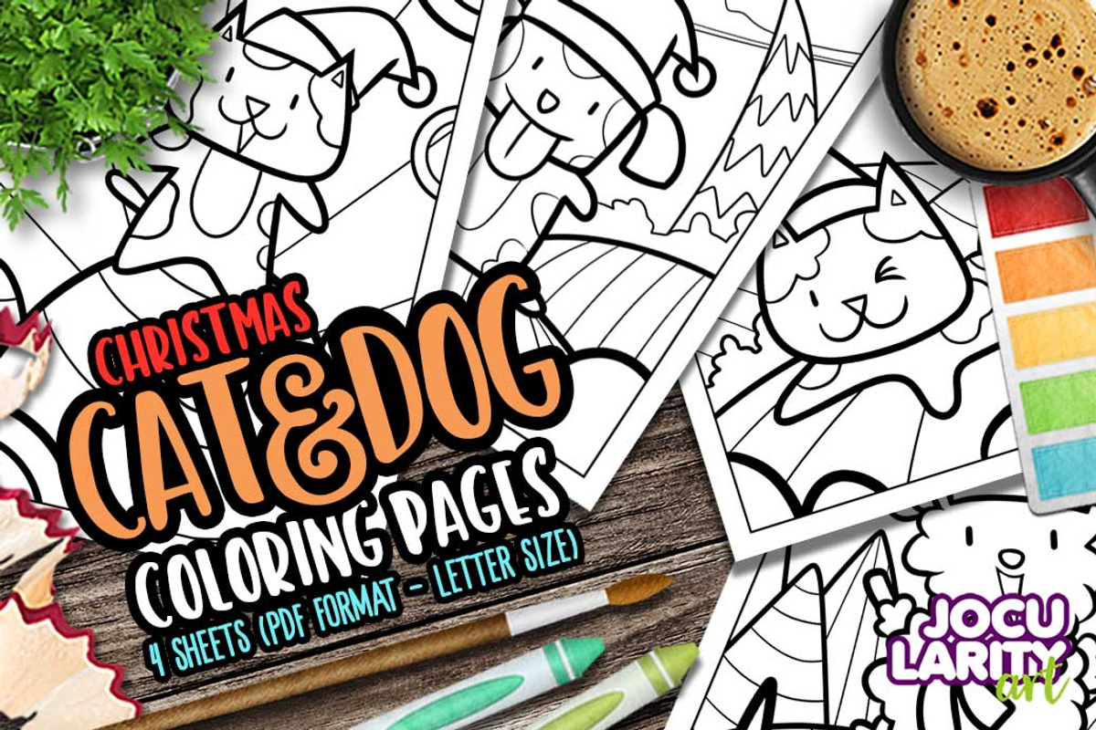 Christmas Cat & Dog Coloring Pages, an Animal Illustration by Jocularity Art (Photo 1 of 3)