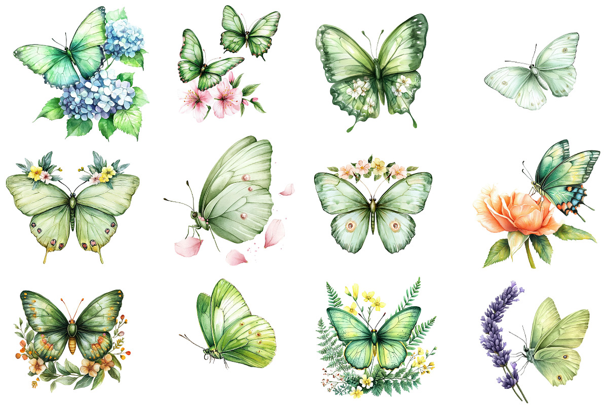 Watercolor Green Butterfly Floral, an Illustration by Watercolor design (Photo 2 of 5)
