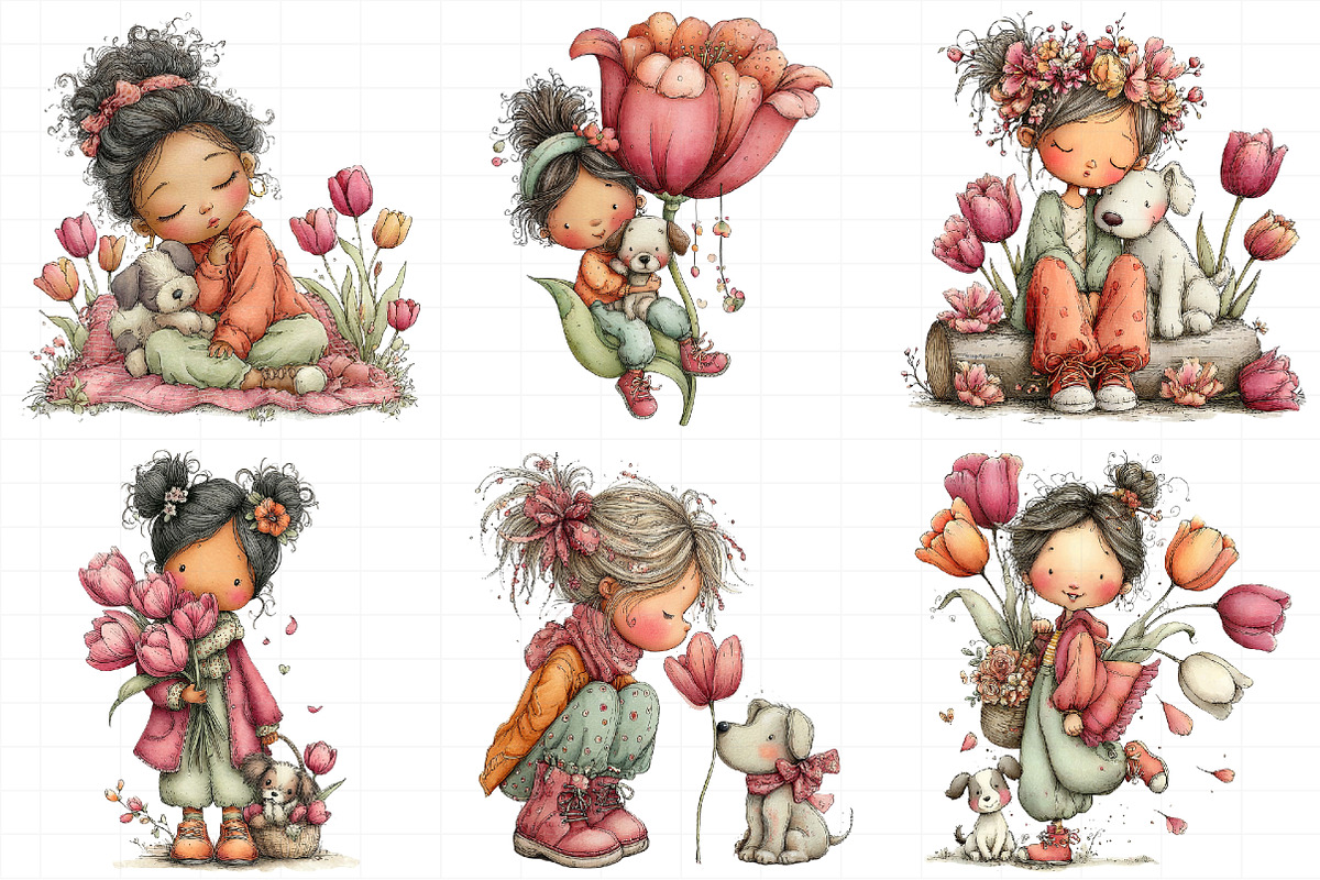 Whimsical Girl with Tulips and Puppy, an Illustration by Daily.Designs (Photo 7 of 8)