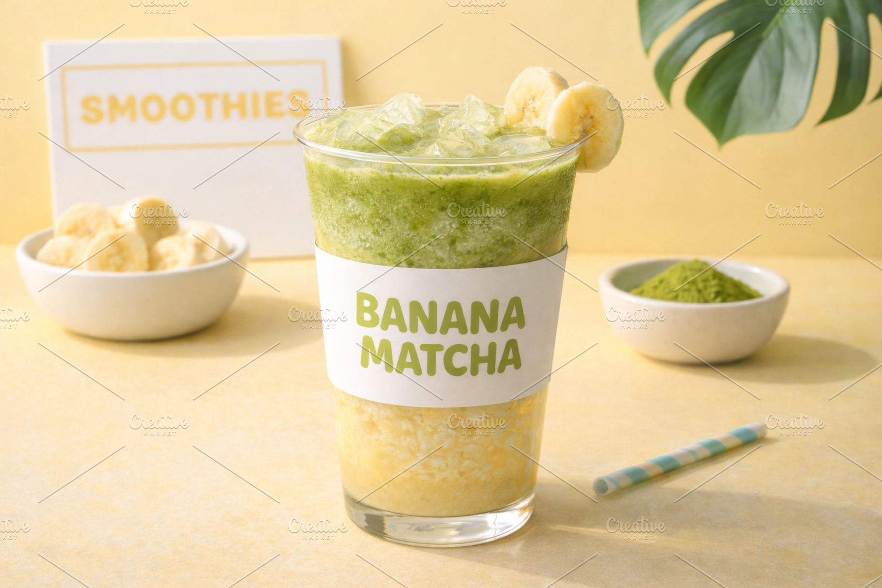 Banana matcha smoothie in a glass wi, a Photo by Dvoevnore photos