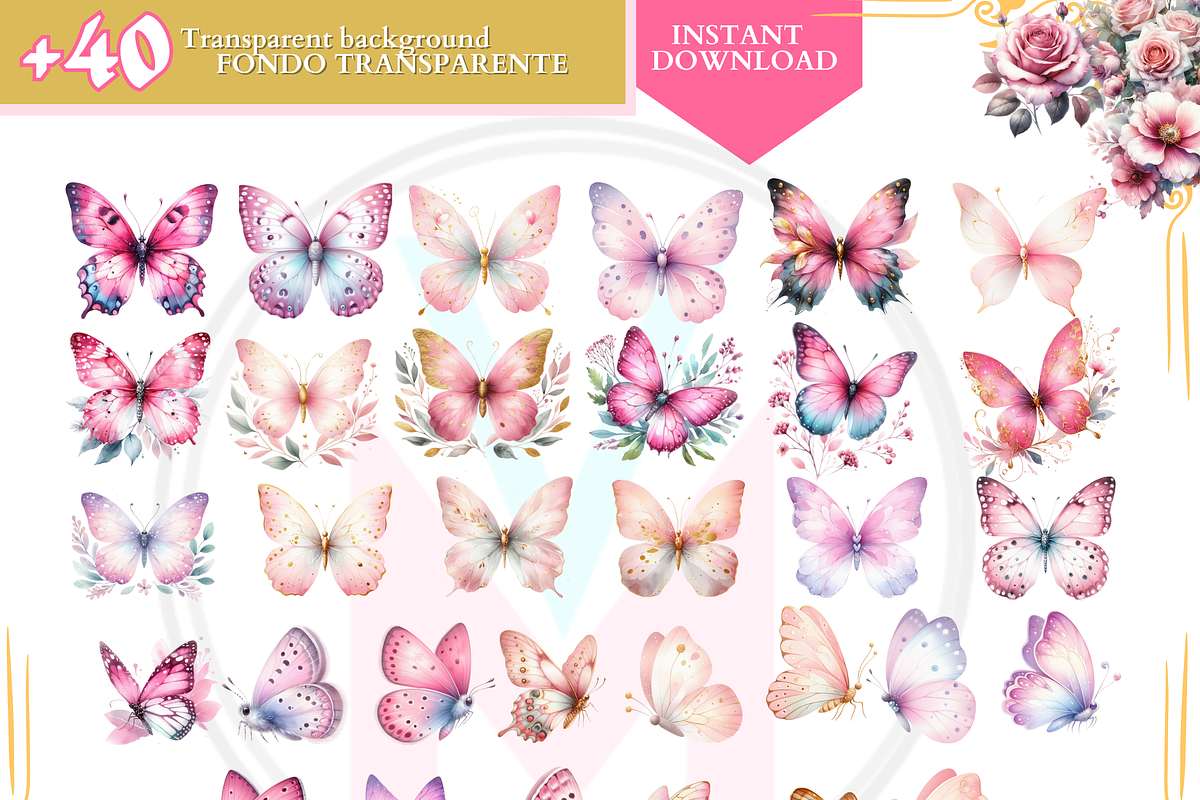 Watercolor Pink butterflies clipart, a Decorative Illustration by VM PARTYS  BY TAIRUMA (Photo 8 of 8)