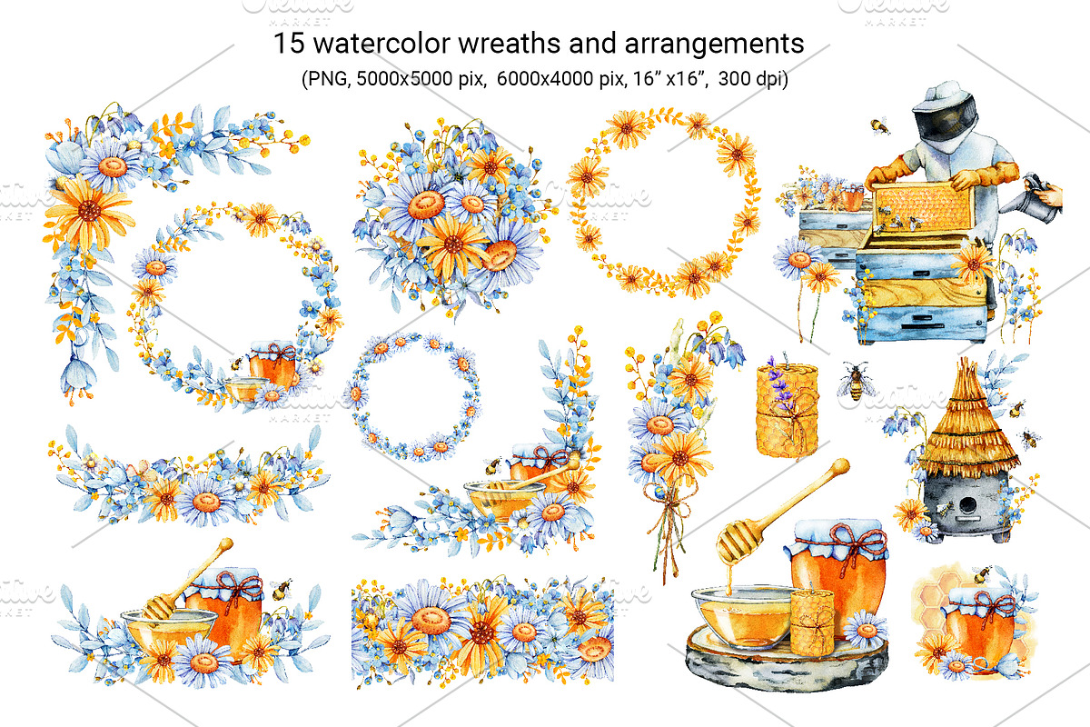 Flower honey watercolor clipart, a Food Illustration by Artmanata (Photo 3 of 17)