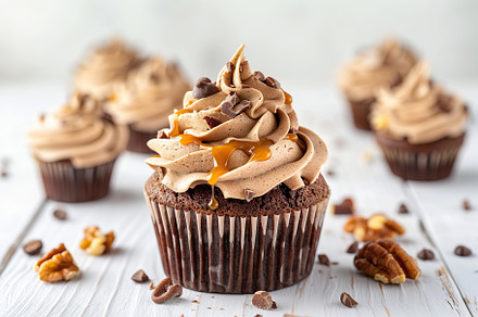 Chocolate cupcake with whipped cream and walnut on wooden table, a Food & Drink Photo by AlyaAnd