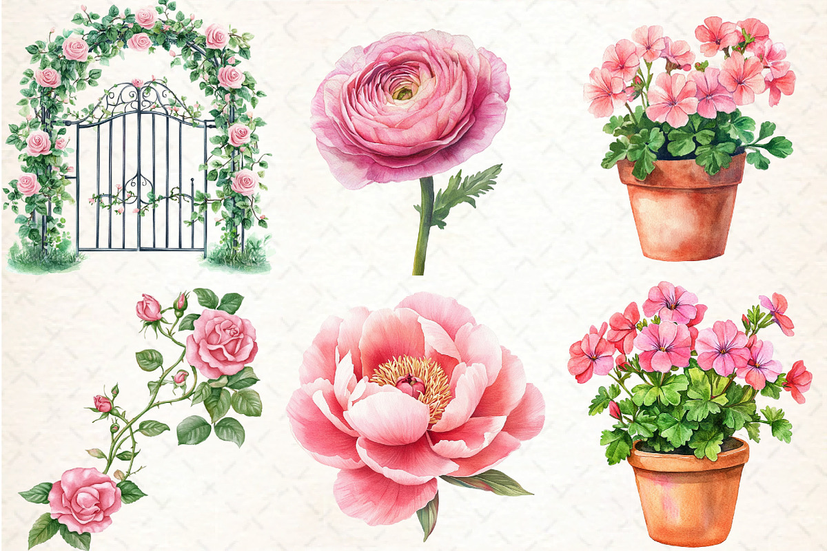 Watercolor Pink Flowers Gardens Clip, an Illustration by DreamCafeArt (Photo 4 of 7)