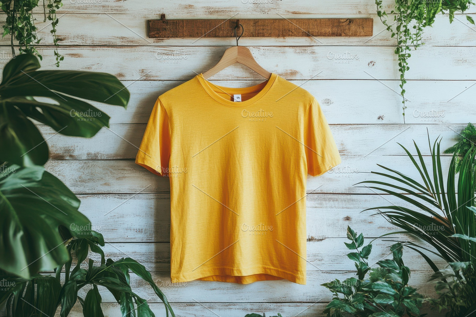 Yellow T-Shirt Hanging on Wooden Wal, a Beauty & Fashion Photo by Pixeness Studio