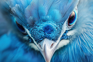Vibrant close-up of a blue bird showcasing intricate feather details and pierci, an Animal Photo by AlyaAnd