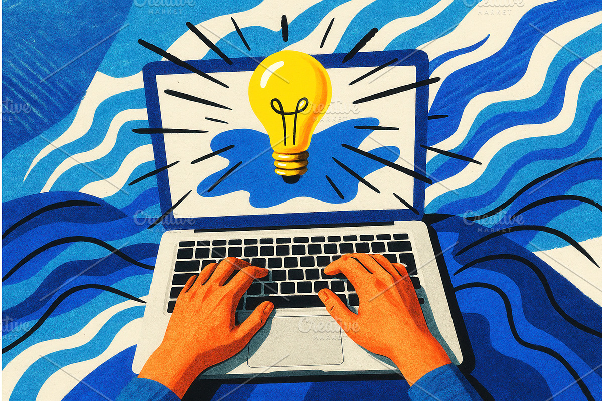 Illustration of hands typing on a, a Technology Illustration by Sergey Kotenev