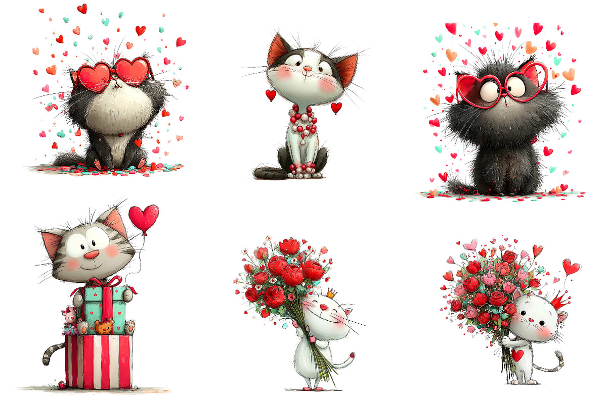 watercolor cute valentines kittens c, an Illustration by CreationArt (Photo 6 of 6)
