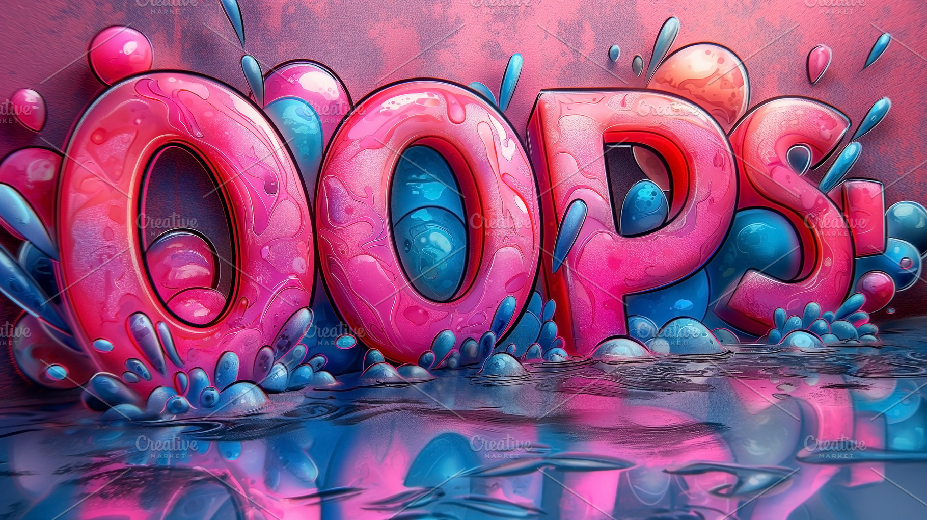 Colorful 3D 'Oops!' text in vibrant pink and blue tones, surrounded by splashes, a Background Photo by ImageMir