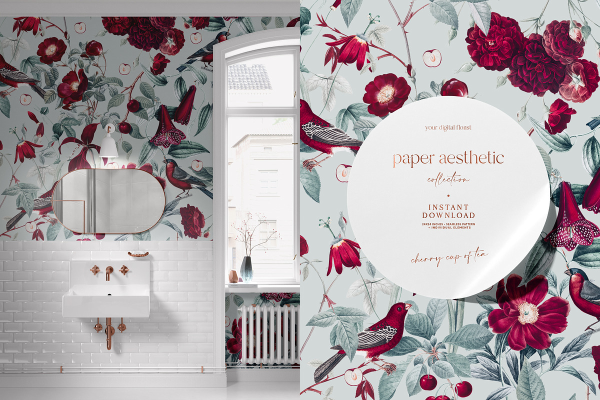 Cherry Rose Sage Floral Pattern, a Pattern Graphic by paper aesthetic (Photo 3 of 9)