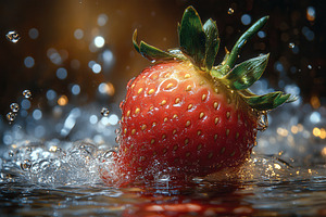 Fresh strawberry splashing into wate, a Photo by Tanuart