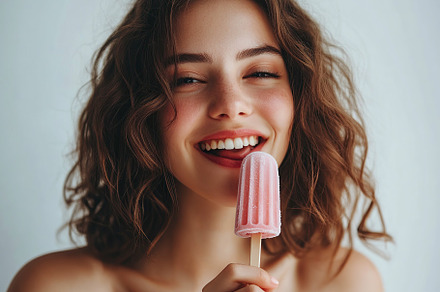 Portrait of beautiful young woman eating delicious ice cream, a Person Photo by AlyaAnd