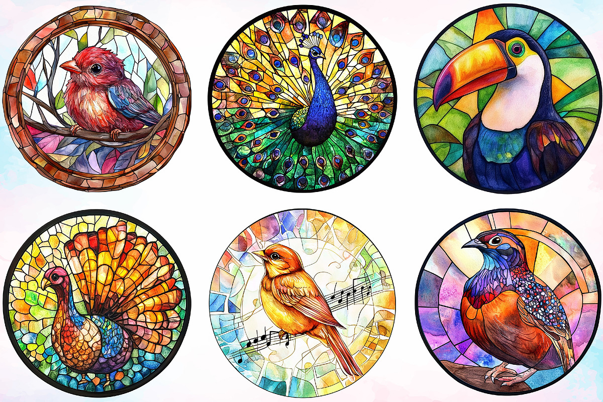 Birds Round Stained Glass Clipart, an Animal Illustration by Canvas Craft (Photo 1 of 3)