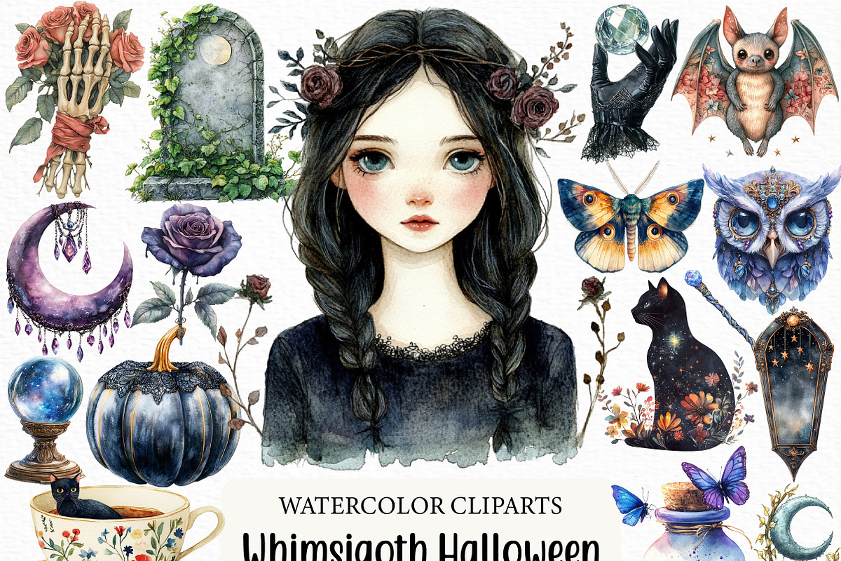 Watercolor Whimsigoth Halloween PNG, an Illustration by Craft Nest (Photo 1 of 6)
