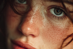 Close-up portrait of a blue-eyed person with natural freckles and lighting, a Photo by AS photostudio