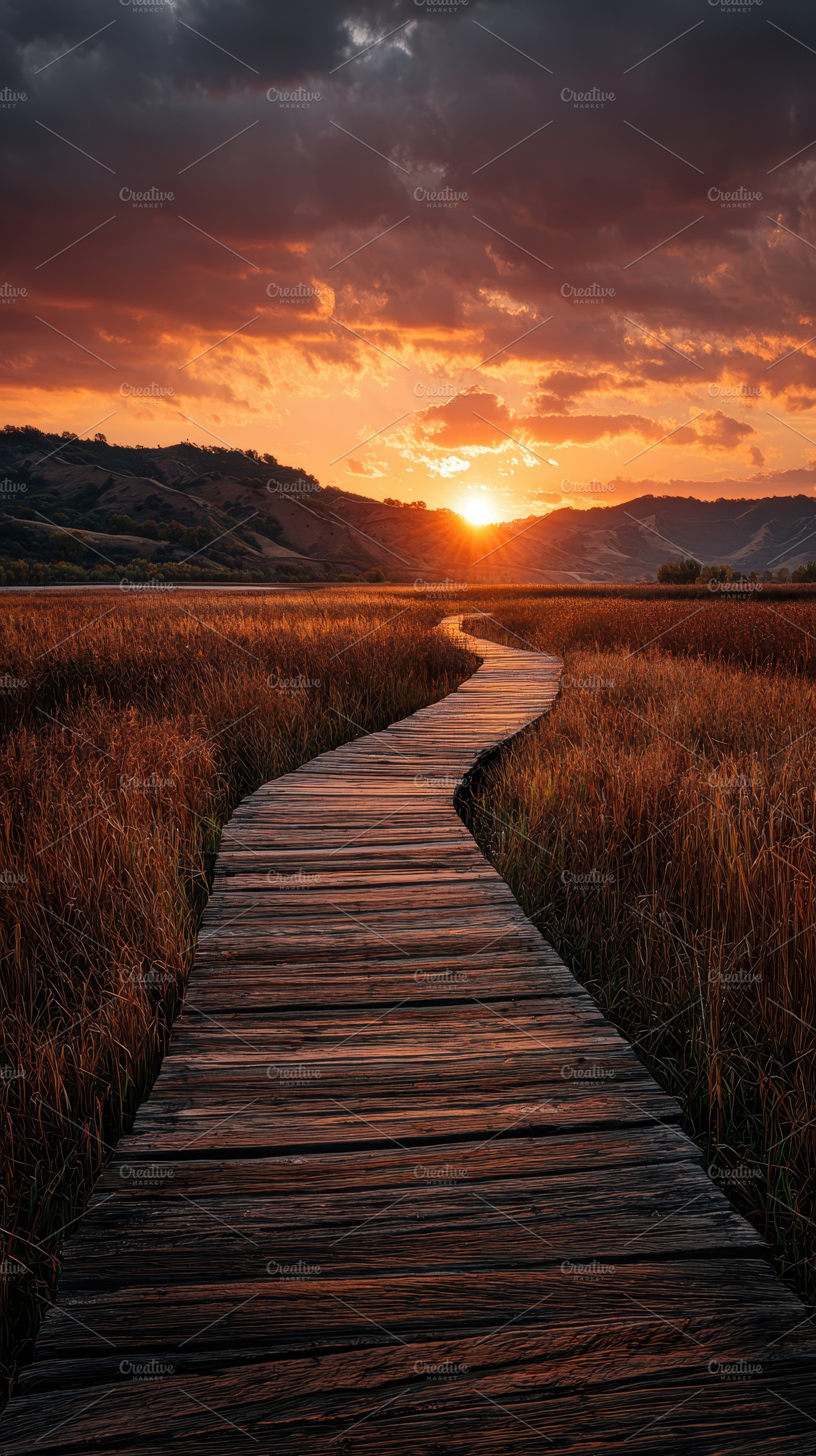 Wooden path sunset landscape nature, a Photo by Pixeness Studio