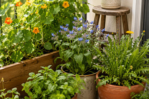 Container garden with various plants, a Photo by Dvoevnore photos