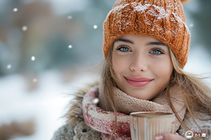 A young Caucasian woman smiles warmly while holding a cup in a snowy winter set, a Person Photo by ImageMir