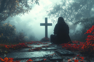 Person in dark robes sits quietly in, a Photo by Tanuart