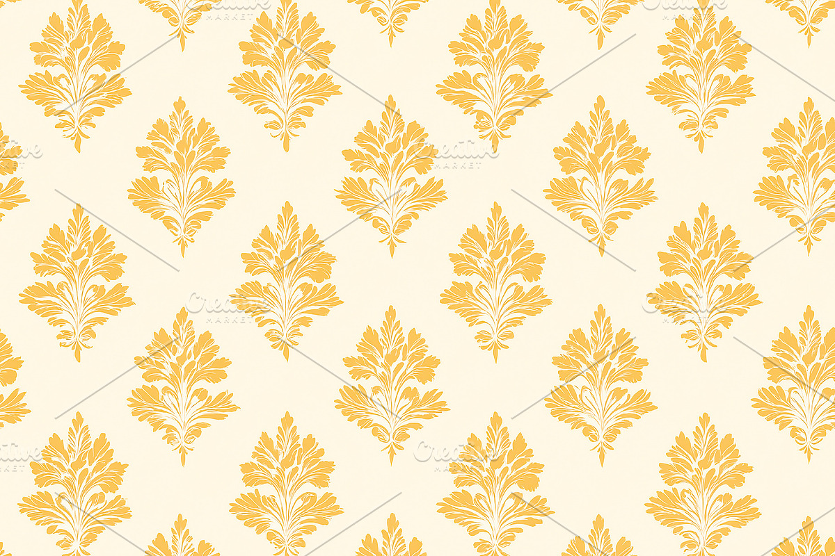 Damask seamless pattern with yellow floral design on a creamy ba, a Pattern Graphic by Studio ANNA