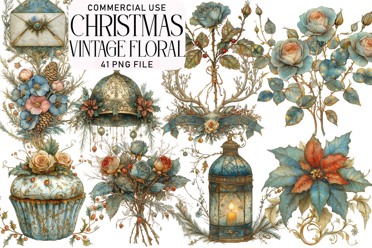 Vintage Floral Christmas Clipart Bun, an Illustration by Daily.Designs (Photo 1 of 5)