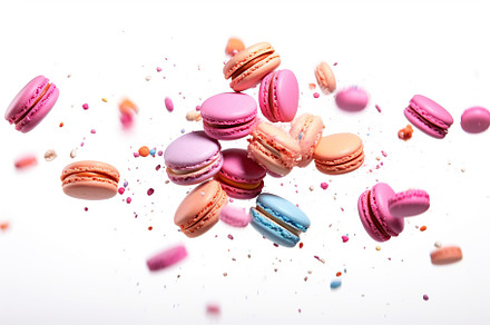 Colorful falling macarons dessert on white background, a Food & Drink Photo by AlyaAnd