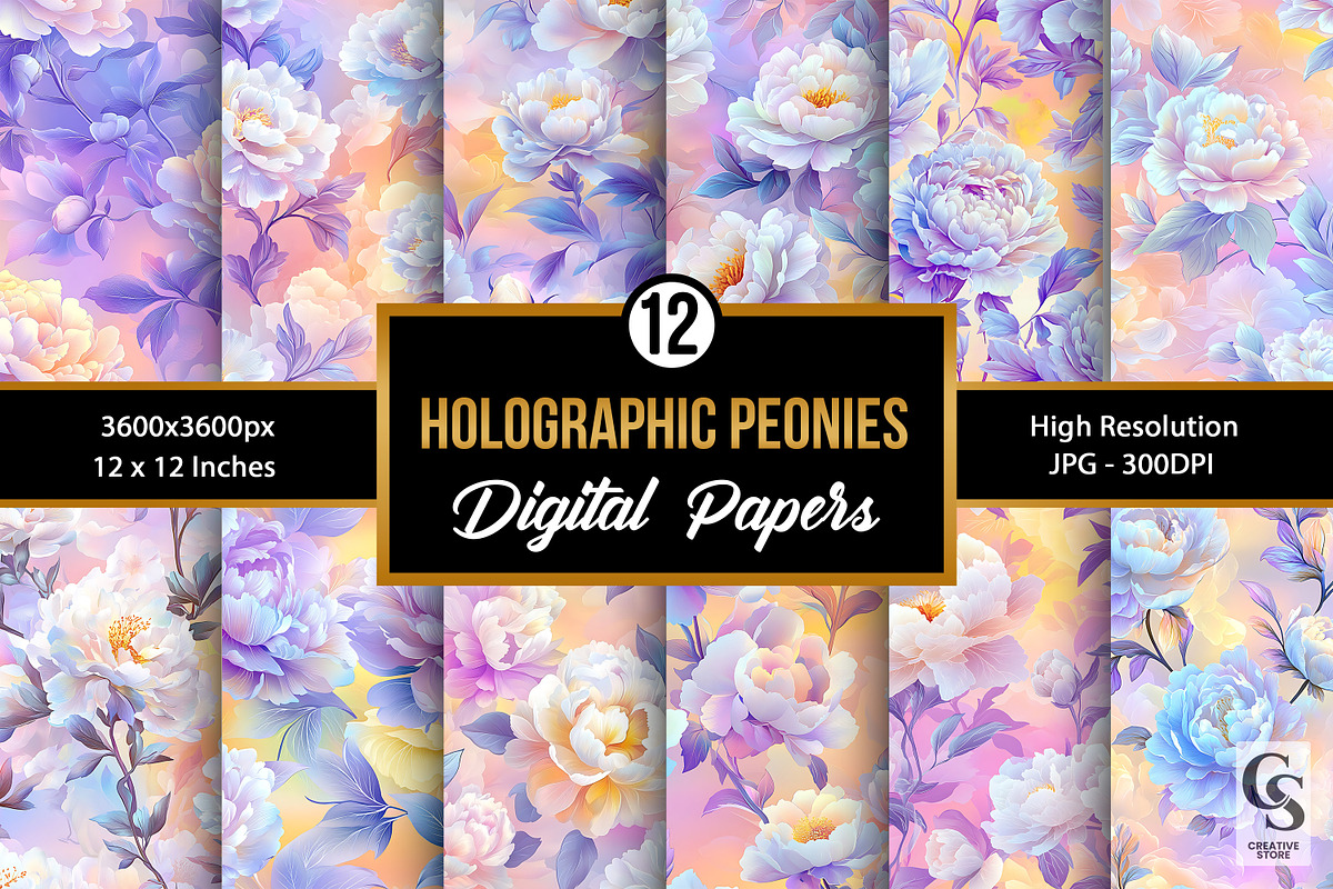 Holographic Peony Flowers Pattern, a Pattern Graphic by Creative Store (Photo 1 of 5)