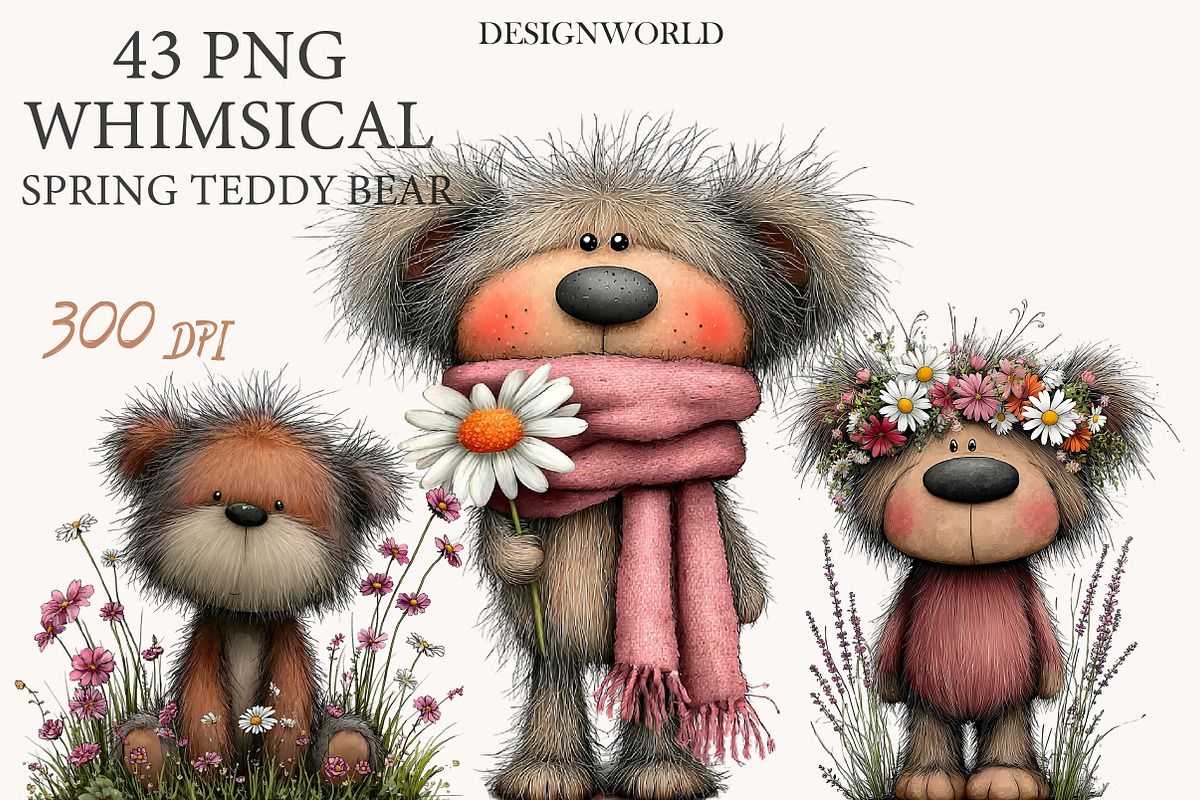 Whimsical spring teddy bear clipart, an Illustration by Designworld (Photo 1 of 10)