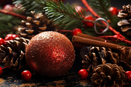 New Year's and Christmas background featuring brown pinecones and red baubles,, a Holiday Photo by ImageMir