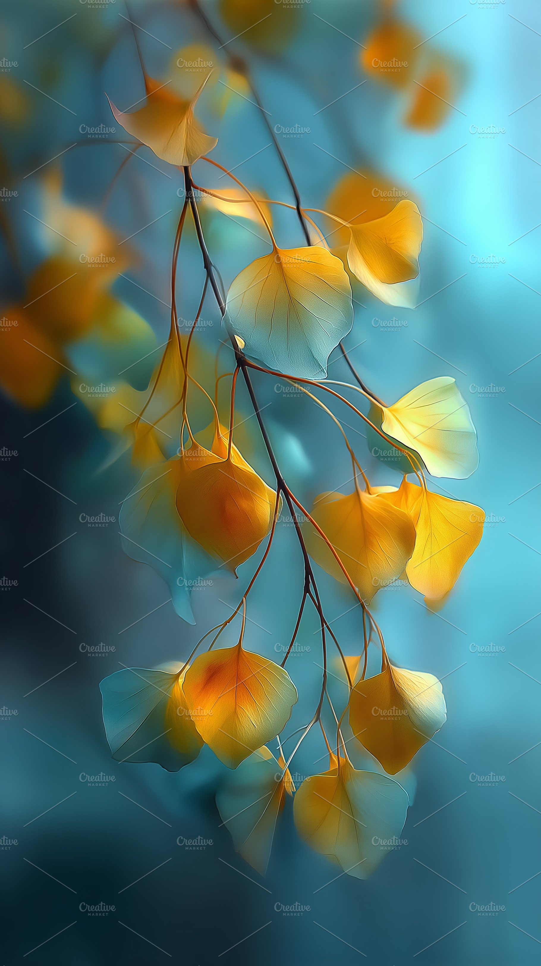 Delicate yellow and teal leaves, a Nature Photo by Ocean Digital Art