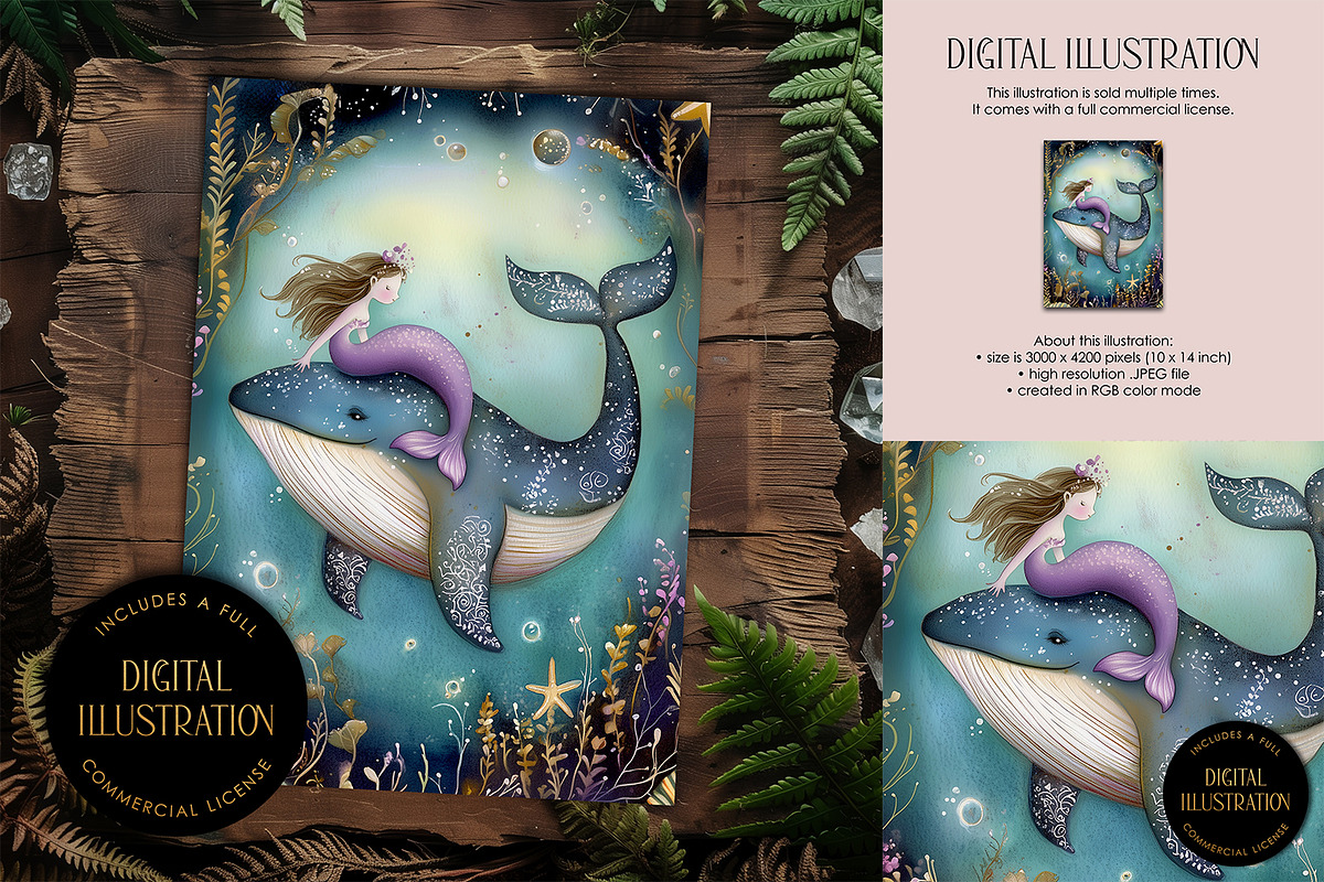 Mermaid & Whale Illustration, an Animal Illustration by The Dutch Lady Designs (Photo 1 of 4)