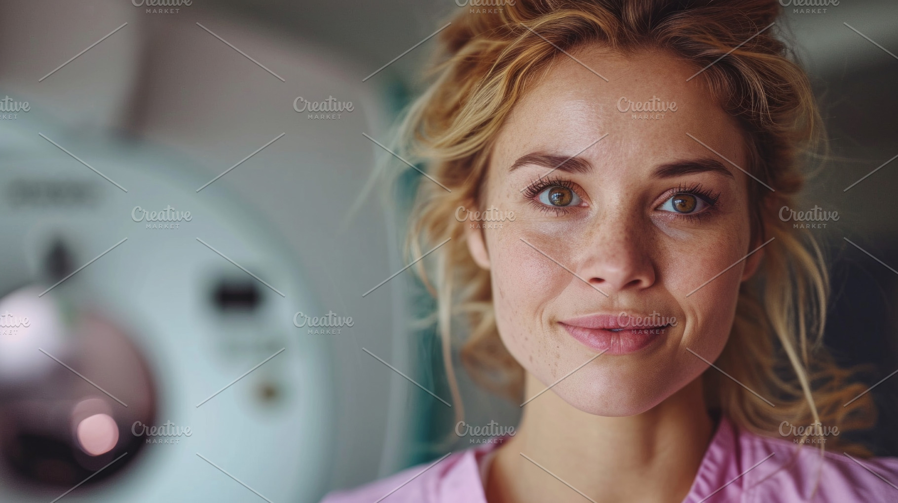 Portrait of smiling female patient looking at camera in x-ray ro, a Health & Medical Photo by AS photostudio