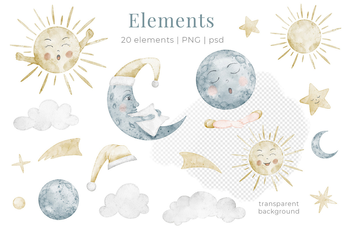 Watercolor Moon Sun Nursery Clipart, an Illustration by Alisles (Photo 3 of 12)